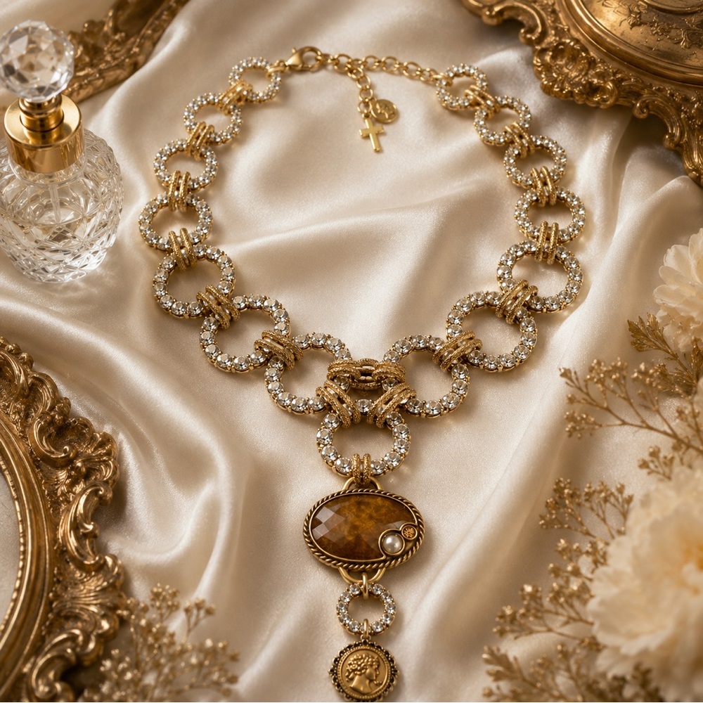 Artisan RUBYRUDI Gold-Tone Crystal Link Necklace w/Amber Oval Pendant Upcycled